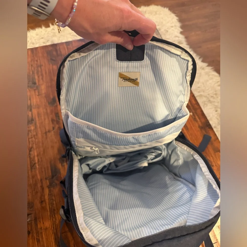 Like New Tracksmith Navy Running Gear Backpack Bag Diagonal Cream Stripe 18L